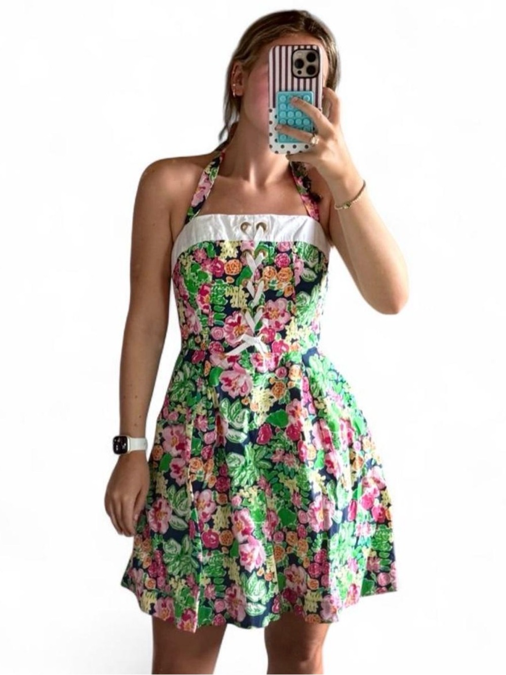 Lilly Pulitzer Women size 4 Floral Halter Dress with Pink, Green, & Navy Accent